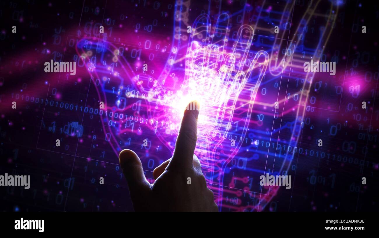 Cyber futuristico a mano il rendering 3D'illustrazione. Abstract concetto digitale di avanzata tecnologia cibernetica, robotica, dati biometrici e automazione. Mano Foto Stock
