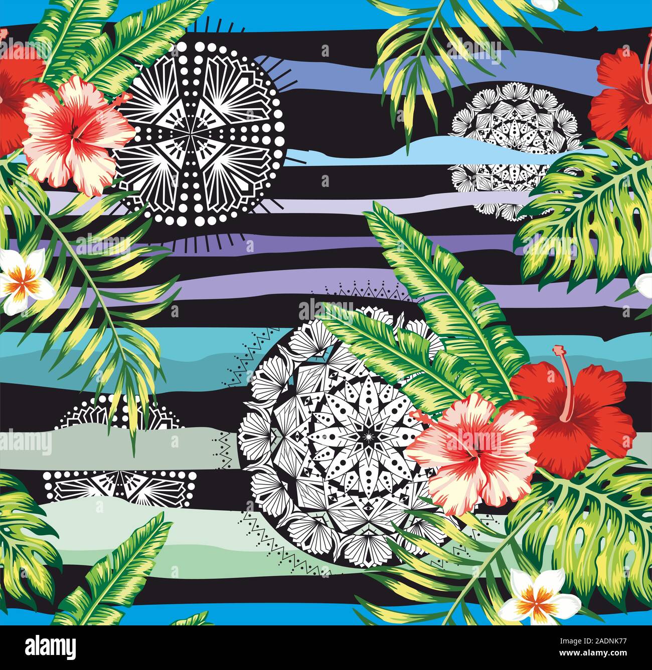 Foglie tropicali e fiori con tradizionale, etnico mandala. Seamless sfondo geometrico. - Vettore Illustrazione Vettoriale