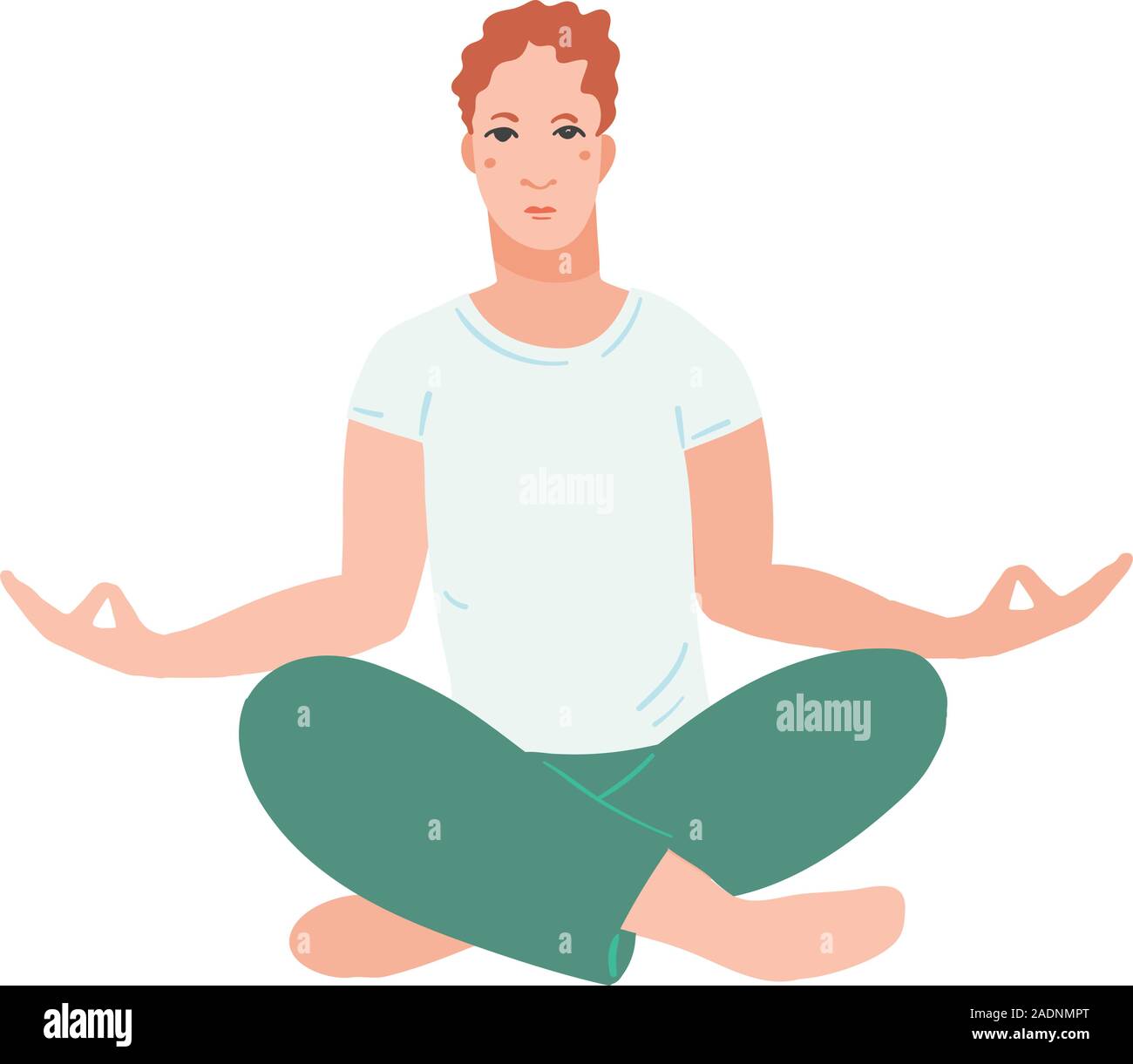 Giovani uomini belli di eseguire esercizi di yoga. Maschio personaggio dei cartoni animati in seduta lotus la postura e la meditazione vipassana meditazione. Ragazza con gambe incrociate isolato. Piatti colorati illustrazione vettoriale Illustrazione Vettoriale