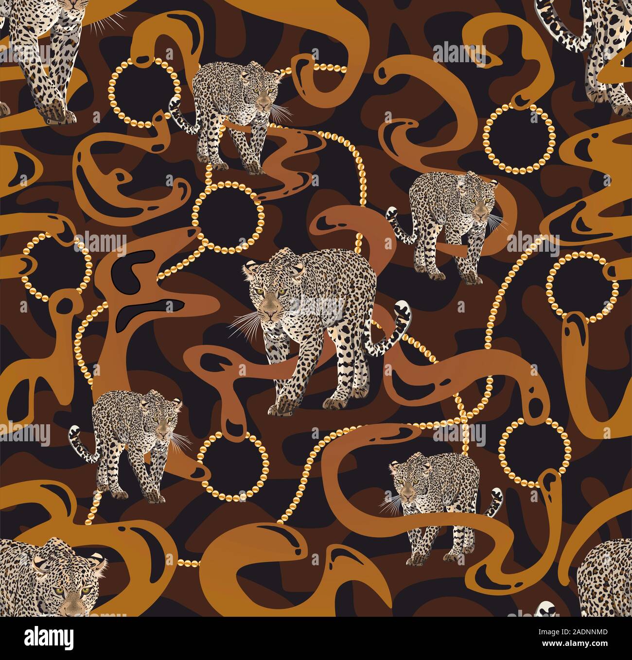 Leopard walking graphic design con accessori in oro. Catene d'oro.Fashion figure. - Vettore Illustrazione Vettoriale