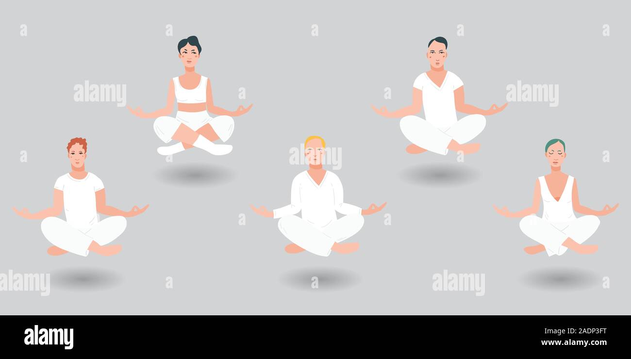 Un gruppo di uomini e donne galleggianti in aria in una posizione del loto in bianche vesti di eseguire vipassana meditazione. Levitazione di persone, lo sfondo grigio del personaggio dei fumetti. Appartamento illustrazione vettoriale. Illustrazione Vettoriale