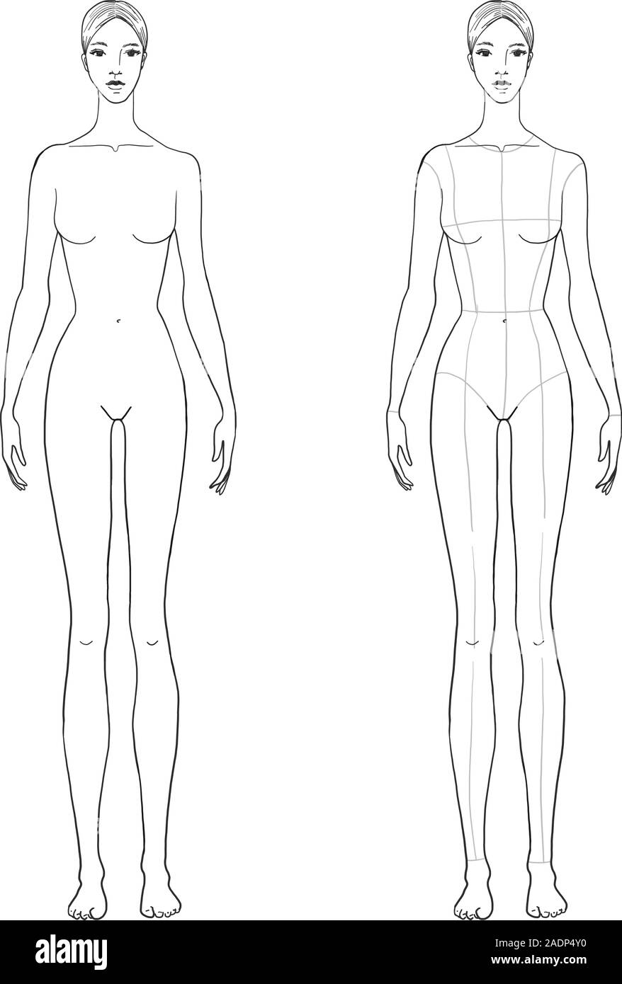 Donna di figura schizzo per il disegno tecnico con le linee principali. Profilo di vettore ragazza modello modello per schizzo di moda. Corpo della donna per illustrazione moda-01 Illustrazione Vettoriale