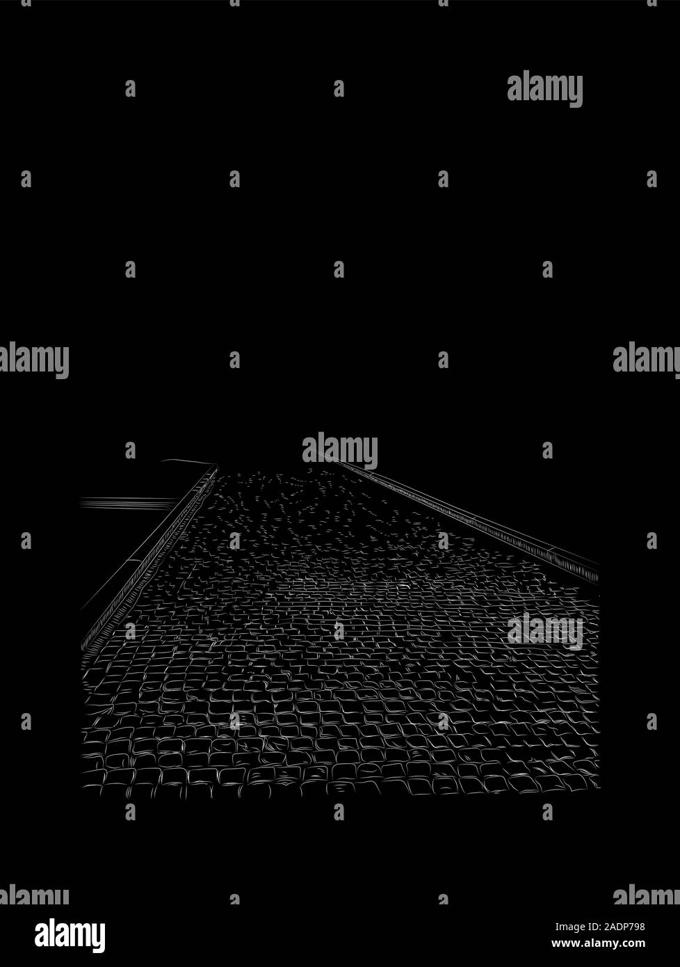 Lato immagine disegnata di pietre per pavimentazione, marciapiede, piccoli mattoni grigio, schizzo. Illustrazione Vettoriale