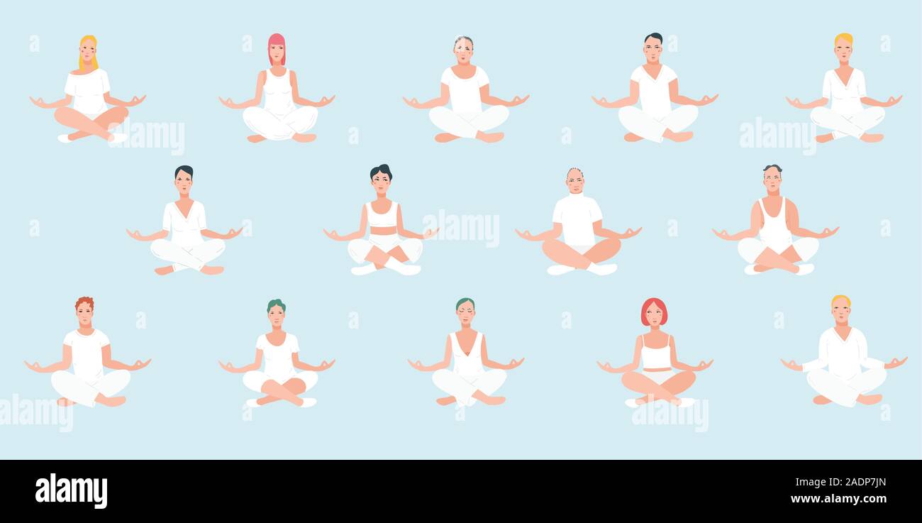 Un gruppo di uomini e donne di eseguire esercizi di yoga. Maschi e femmine di cartoni animati in seduta lotus la postura e la meditazione vipassana meditazione vestiti di bianco in sfondo blu. Colorate vettore piana. Illustrazione Vettoriale