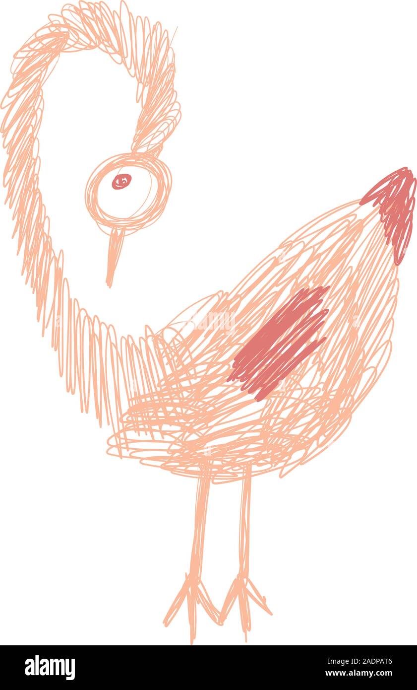 Crazy buffo uccello guardando verso il basso e a rimanere in rosa e arancio in scarabocchi disegnati a mano stile. Stampa per la t-shirt per bambini ILLUSTRAZIONE DI MODA bambini e adulti libri. Illustrazione Moda disegno in stile moderno. Illustrazione Vettoriale