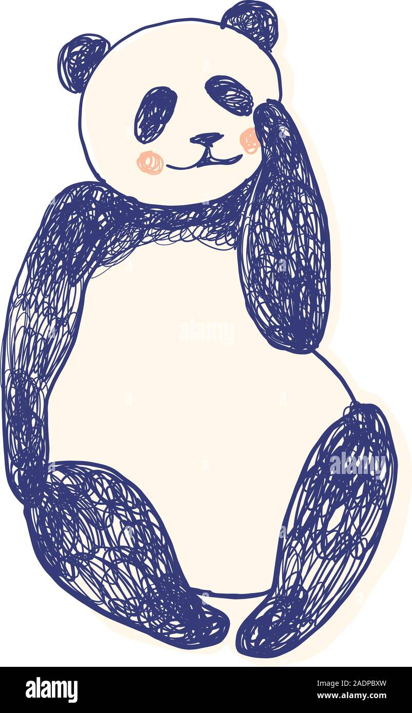 Grazioso panda seduto e toccando la guancia per bambini e adulti vestiti Stampa schermo in 3 colori - navy, beige e rosa in scarabocchi disegnati a mano stile. Illustrazione Moda disegno in stile moderno. Illustrazione Vettoriale