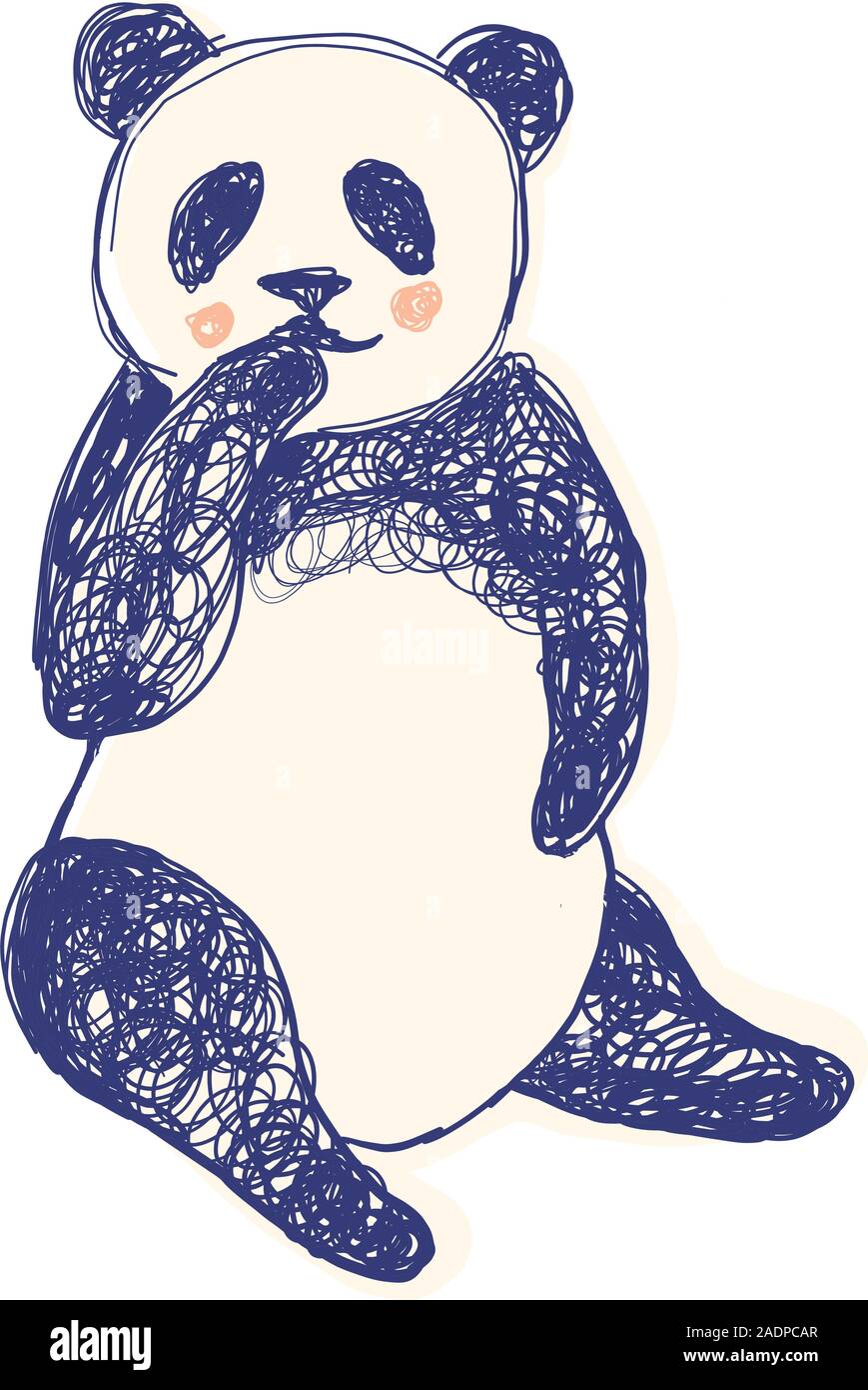 Grazioso panda seduto e toccando la bocca per bambini e adulti vestiti Stampa schermo in 3 colori - navy, beige e rosa in scarabocchi disegnati a mano stile. Illustrazione Moda disegno in stile moderno. Illustrazione Vettoriale