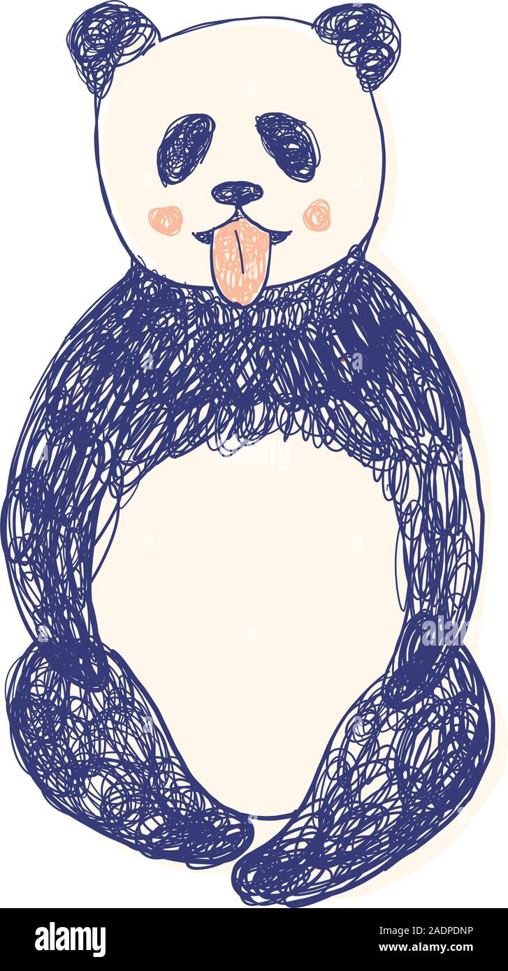Grazioso panda seduto e mettendo fuori la lingua per bambini e adulti vestiti Stampa schermo in 3 colori - navy, beige e rosa in scarabocchi disegnati a mano stile. Illustrazione Moda disegno in stile moderno. Illustrazione Vettoriale