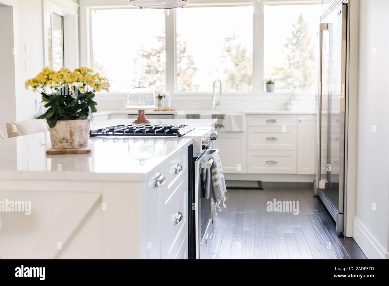 Bianco brillante isola cucina con fiori di colore giallo Foto Stock