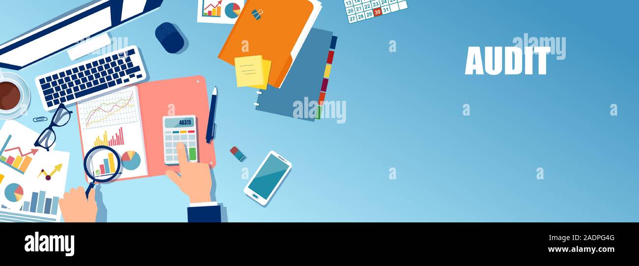 Vettore di un analista finanziario seduta a tavola esaminando business report. Illustrazione Vettoriale