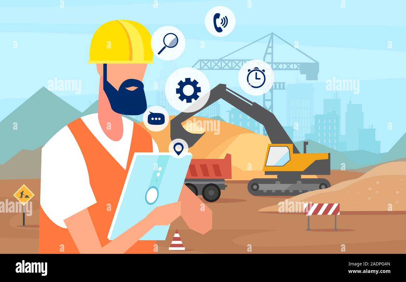 Vettore di un uomo lavoratore nel casco, ingegnere di costruzione utilizzando tablet app la gestione di un nuovo progetto di costruzione Illustrazione Vettoriale