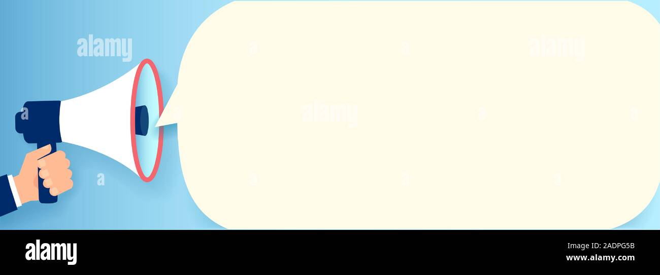 Vettore di un imprenditore mano che tiene un megafono con bolla bianca per i social media annuncio Illustrazione Vettoriale