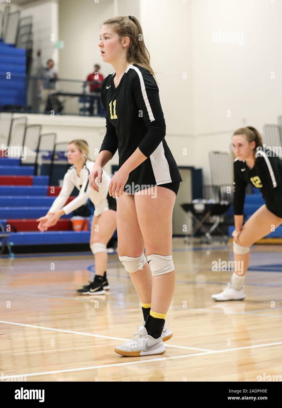 Azione di pallavolo con Kuna vs Bonneville High School a Coeur d'Alene, Idaho. Foto Stock
