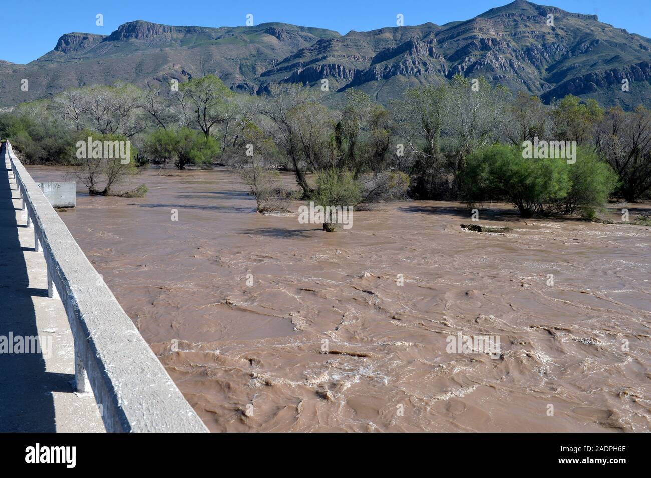 Inondazioni in strade, ponti e tenute nel comune di Huas‡bas, Sonora. Effetti sul flusso di acqua piovana che trabocca di fiumi e torrenti in Sonora. (Foto: NortePhoto.com) inundaciones en caminos, Puentes y parcelas en el municipio de Huas‡bas, Sonora. Afectaciones por el caudal de agua de las lluvias que desbordo rios y arroyos en Sonora. (Foto: NortePhoto.com) Foto Stock