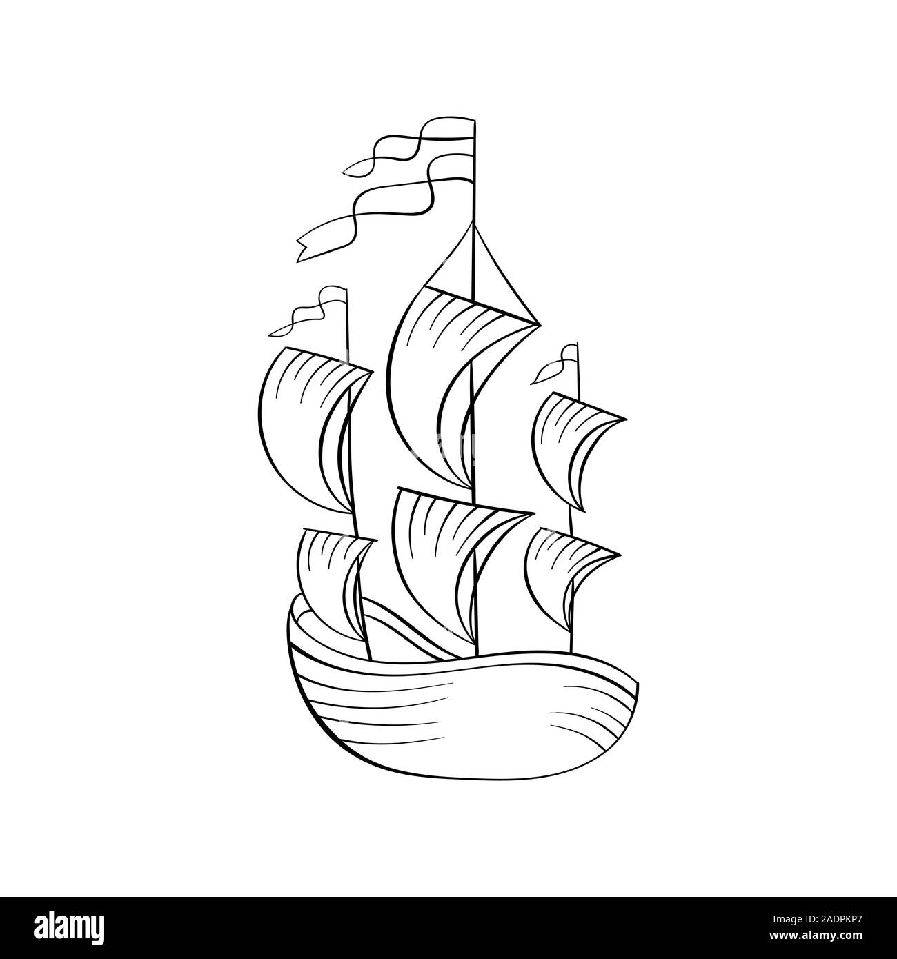 Barca a vela in bianco e nero illustrazione vettoriale. Antica nave con vele e bandiere schizzo per libro da colorare. Vintage nave sulle onde incisione. Agenzia di viaggi logo. Viaggio tour poster elemento di design Illustrazione Vettoriale