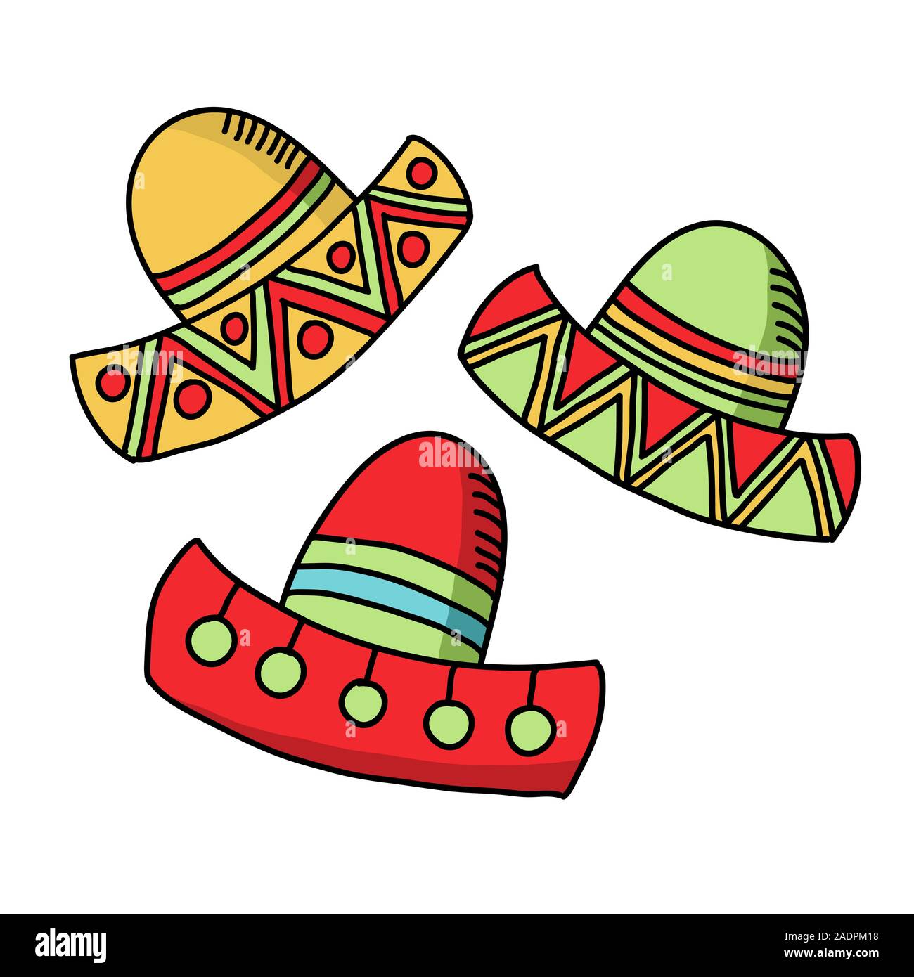Cinco de Mayo divertente accessorio di festa e di usura o sombrero Mexican Hat. Latin American celebrazione del 5 maggio con bandiere e fiori, cactus. Festosa clipart messicano Illustrazione Vettoriale