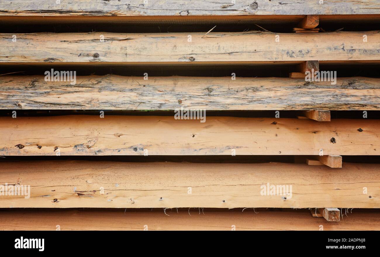 Tavole di legno, legname, legno industriale, legname. Costruzione di barra da un albero e una scheda di bordatura in pile. Foto Stock