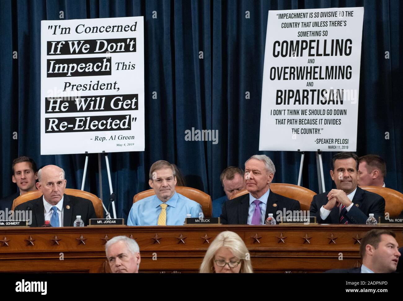 Washington, Distretto di Columbia, Stati Uniti d'America. 4° dic, 2019. Da sinistra a destra: il rappresentante degli Stati Uniti Louie Gohmert (rappresentante del Texas), rappresentante statunitense Jim Jordan (repubblicano di Ohio), rappresentante statunitense Ken Buck (Repubblicano del Colorado), e rappresentante statunitense John Ratcliffe (Repubblicano del Texas), assistere ad una casa Comitato Giudiziario audizione sul impeachment del Presidente americano Donald Trump al Campidoglio di Washington, DC, Dicembre 4, 2019 Credit: Saul Loeb/CNP/ZUMA filo/Alamy Live News Foto Stock