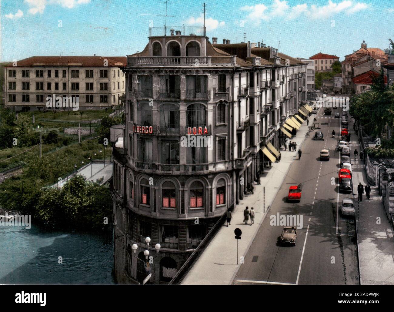 Ivrea, 1961, postalcard dell 'albergo Dora' Foto Stock