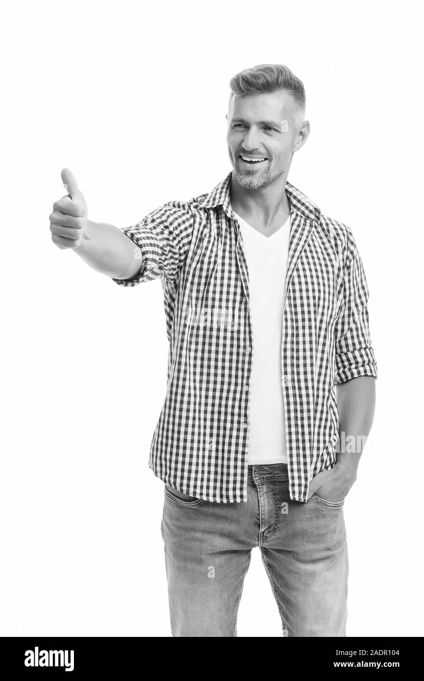 Buon lavoro. Gesti e la comunicazione non verbale concetto. Uomo Barbuto hipster barba elegante sfondo bianco. Tanga elegante aspetto. Espressione emotiva. Pollice in alto. Buon umore. Buon segno. Foto Stock