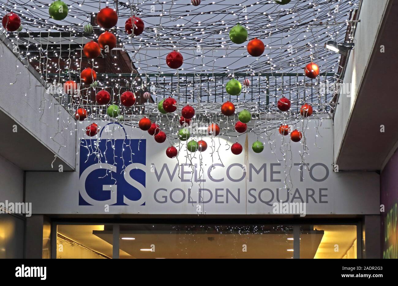 GS, Benvenuti a Golden Square, shopping natalizio, Golden Square, Warrington, Cheshire, Inghilterra, Regno Unito Foto Stock