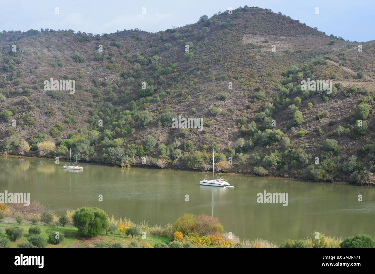 La bassa valle del Guadiana (al confine tra il Portogallo e la Spagna), un ecosistema di mosaico che comprenda acque di estuario, piccola scala frutteti, fluviali Foto Stock