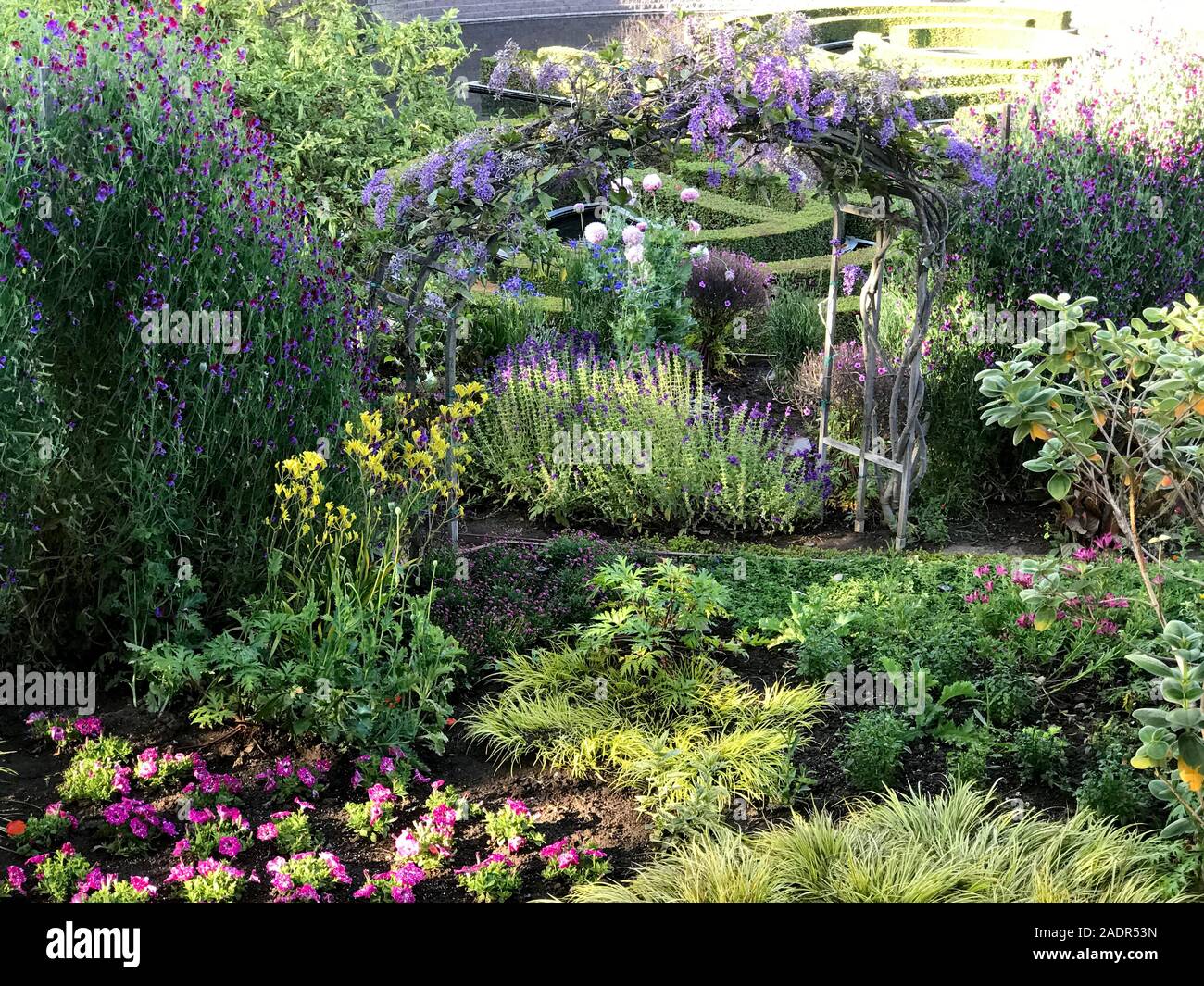 Colorati giardini e architettura del paesaggio presso il Getty Center per le Arti in Los Angeles, CA Foto Stock