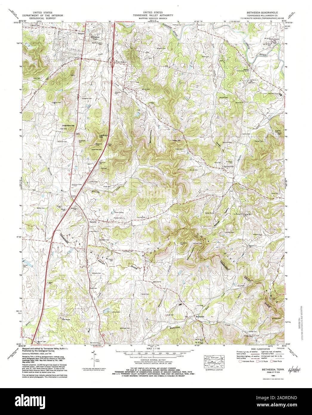 USGS TOPO Map Tennessee TN Bethesda 149418 1982 24000 Restauro Foto Stock