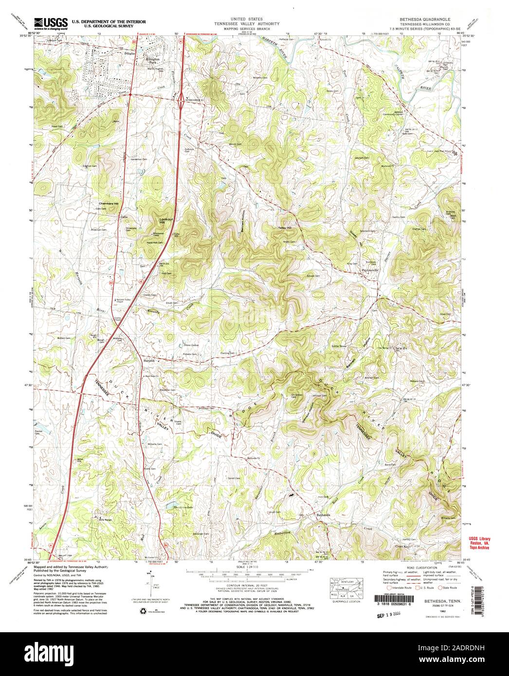 USGS TOPO Map Tennessee TN Bethesda 149419 1982 24000 Restauro Foto Stock