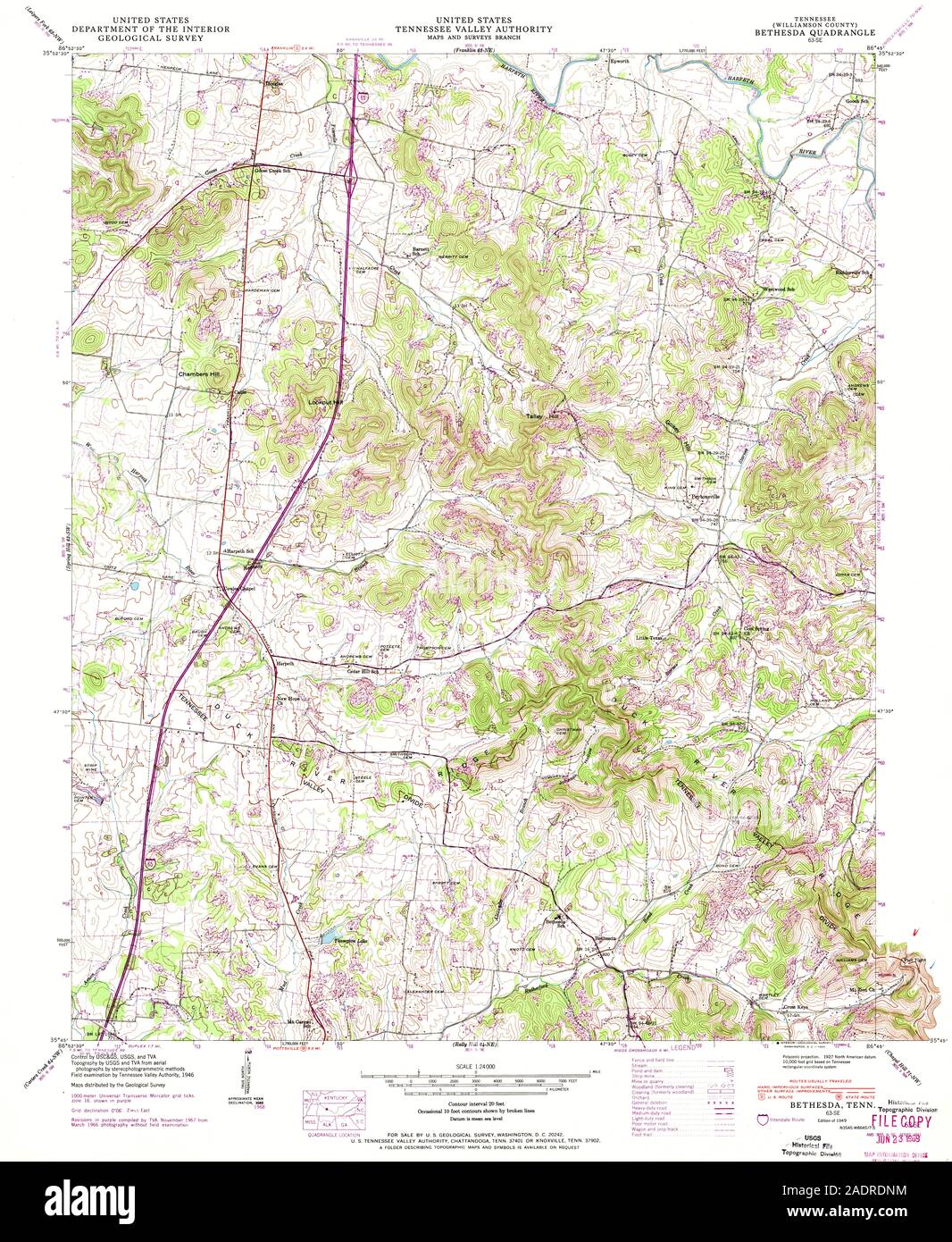 USGS TOPO Map Tennessee TN Bethesda 149417 1949 24000 Restauro Foto Stock