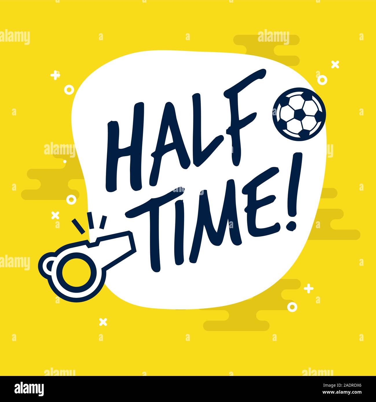 A metà tempo segno per il calcio o il gioco del calcio. Vettore di piatto su sfondo giallo. Illustrazione Vettoriale