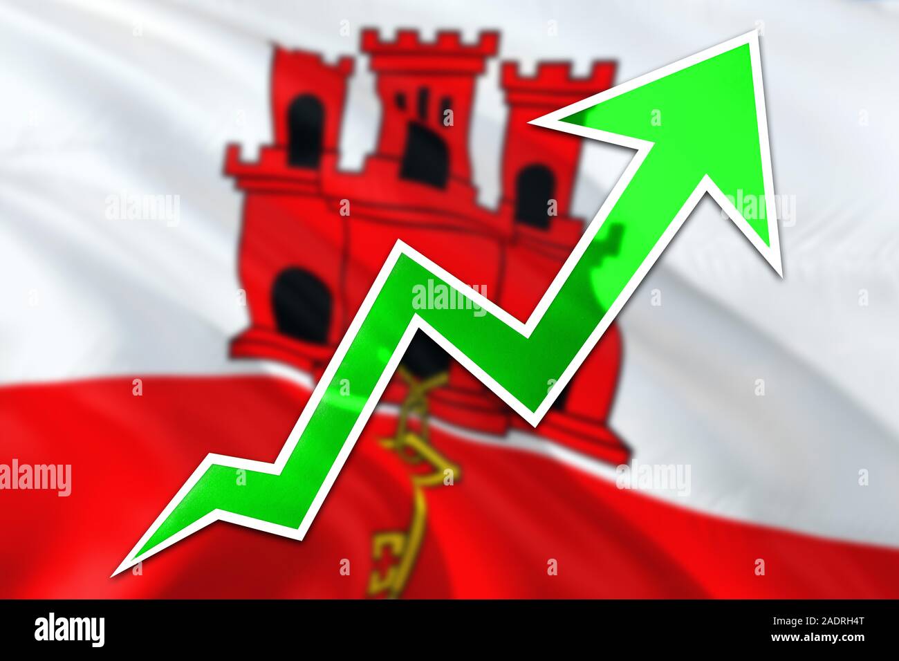 Economia di Gibilterra grafico è che indicano una crescita positiva, Freccia Verde salendo con la linea di tendenza. Il concetto di business su sfondo nazionale. Foto Stock