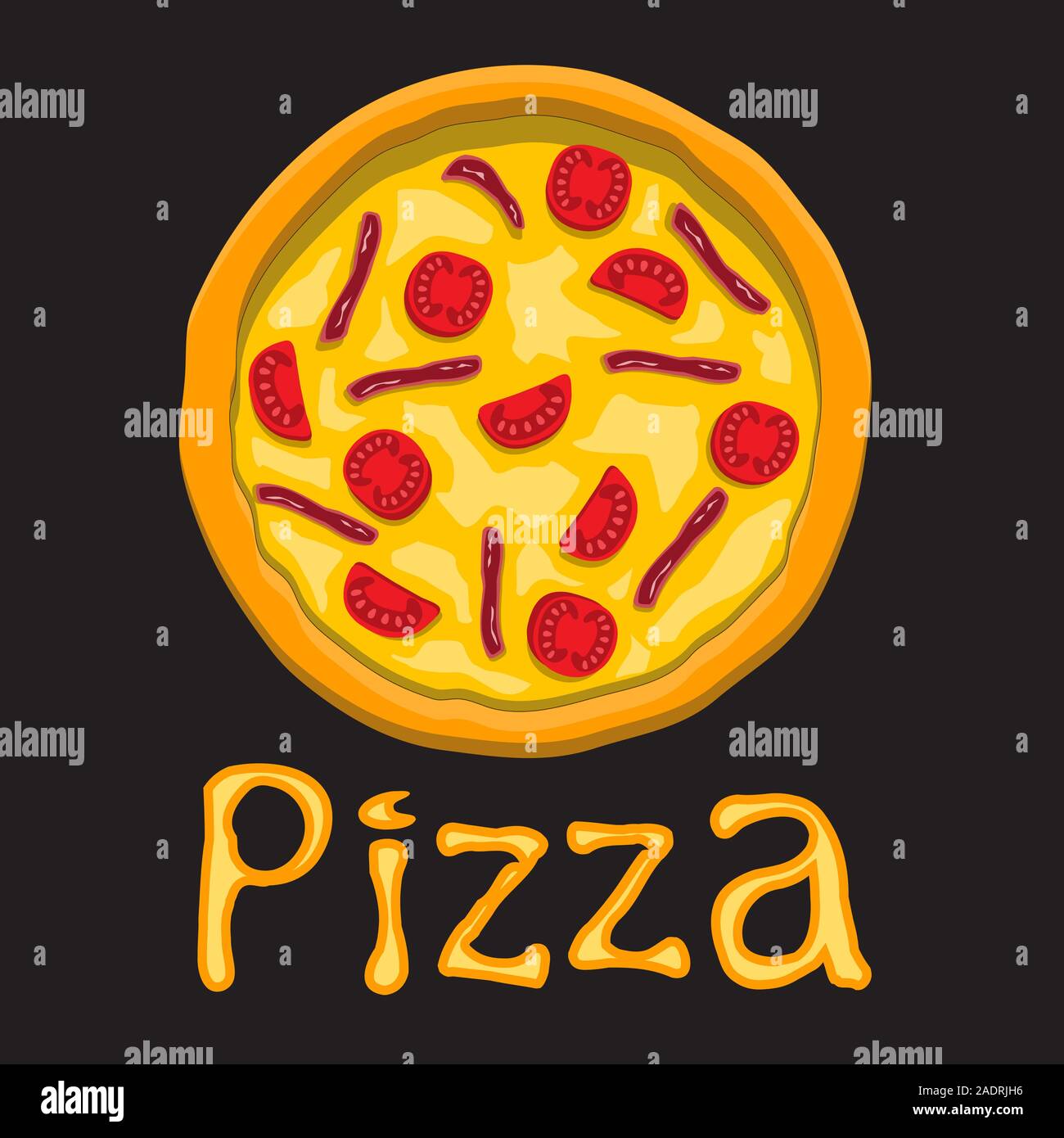 Pizza con pomodoro e pancetta lettere nere su sfondo isolato. Elemento di design oggetto. Immagine vettoriale. Illustrazione Vettoriale