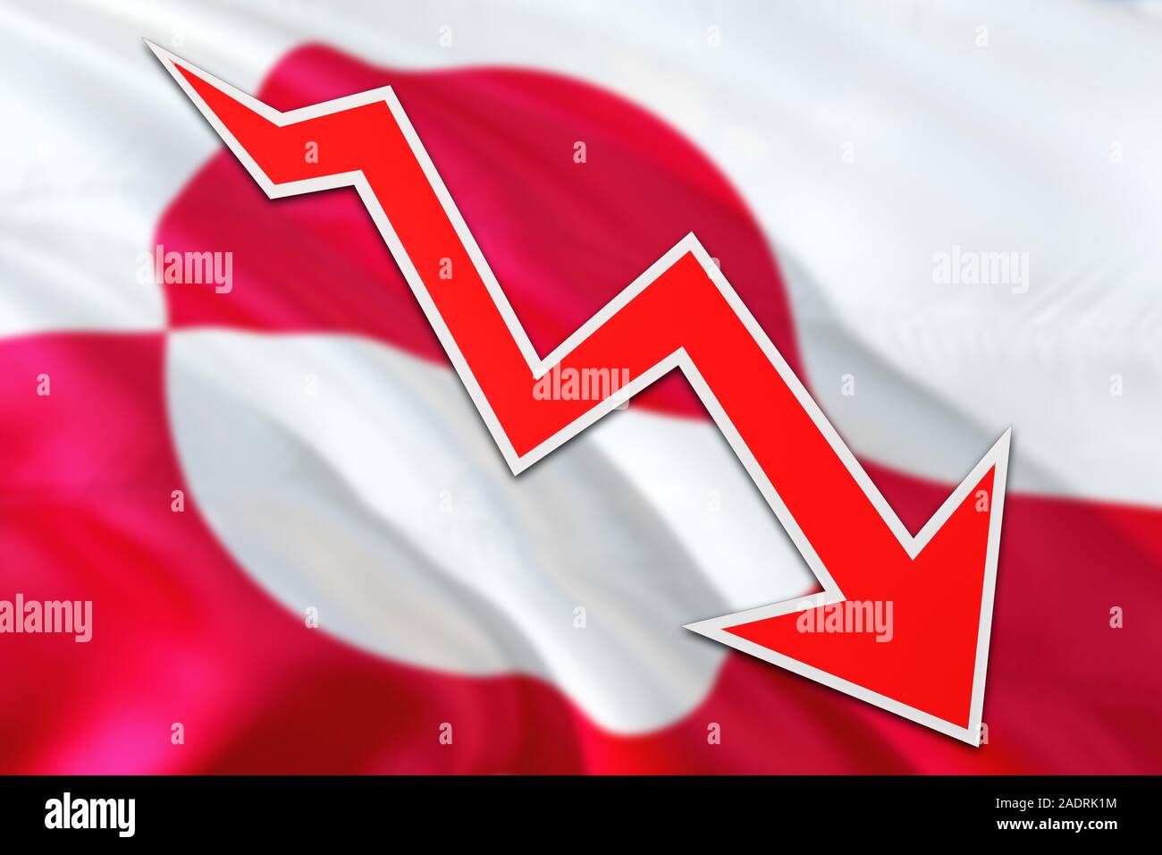 Economia della Groenlandia grafico è che indicano una crescita negativa, freccia rossa scendendo con linea di tendenza. Il concetto di business su sfondo nazionale. Foto Stock