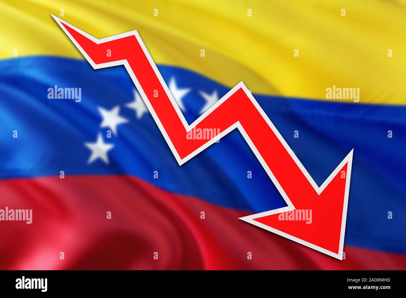 Venezuela economia grafico è che indicano una crescita negativa, freccia rossa scendendo con linea di tendenza. Il concetto di business su sfondo nazionale. Foto Stock