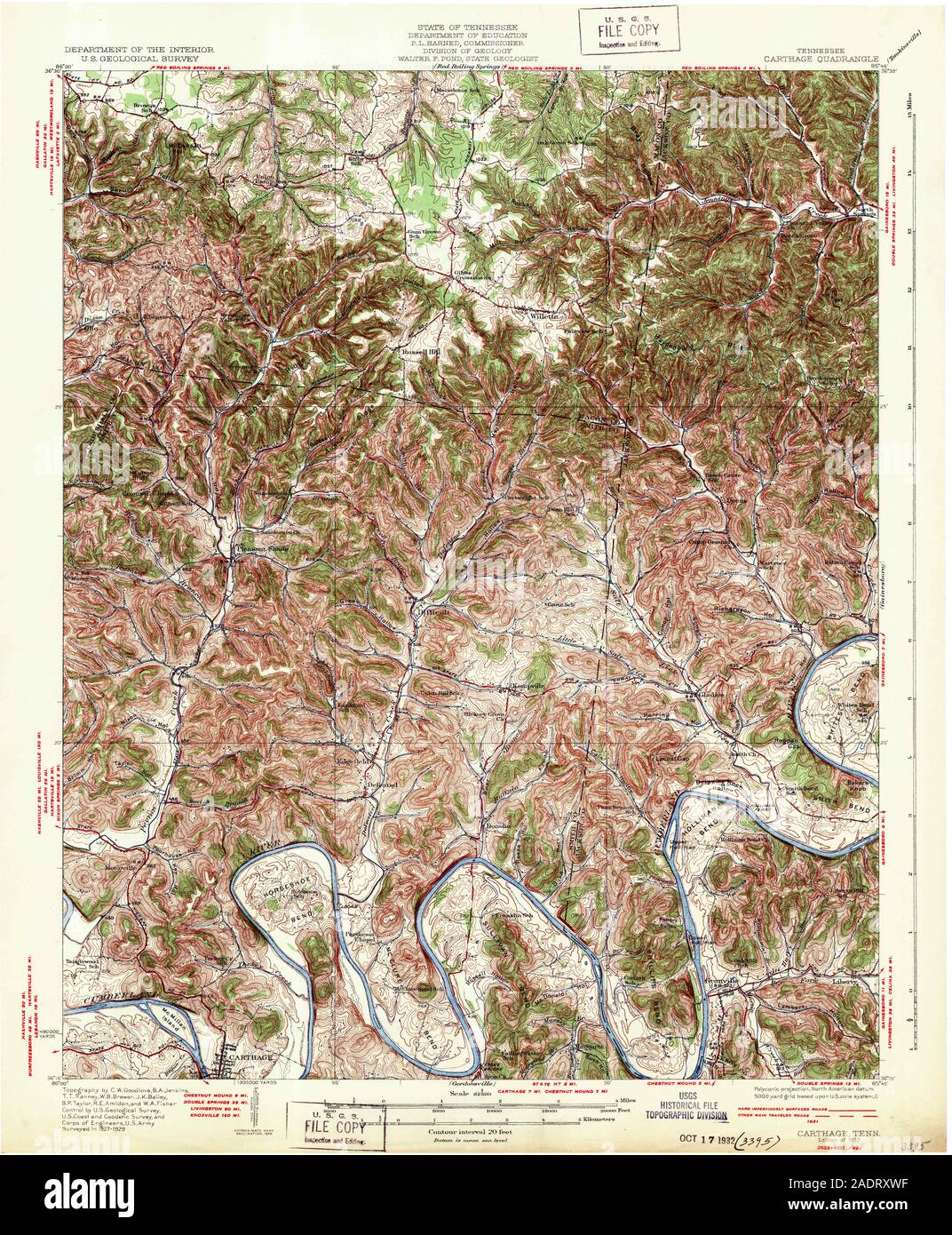 USGS TOPO Map Tennessee TN Cartagine 153410 1932 62500 Restauro Foto Stock