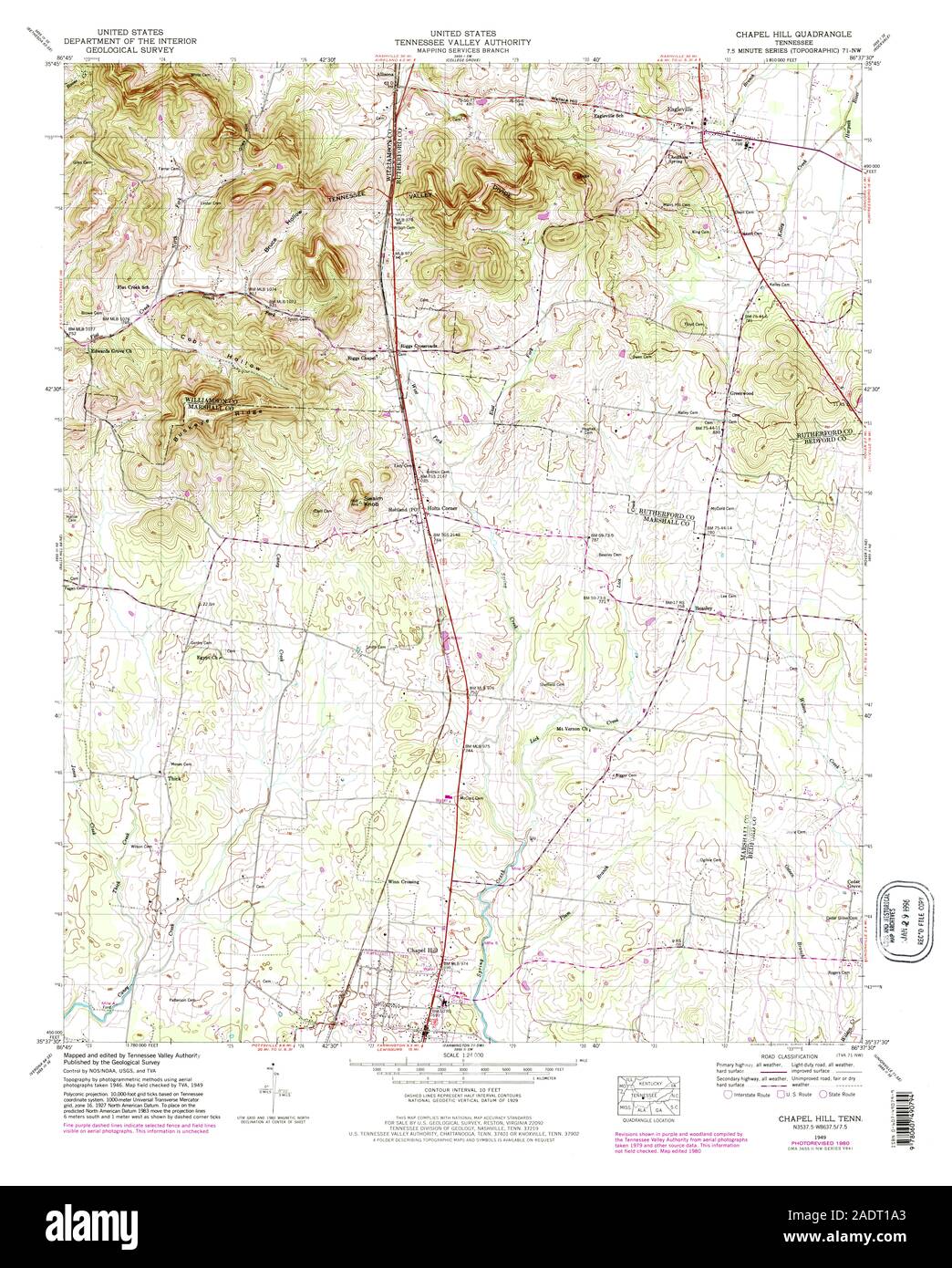 USGS TOPO Map Tennessee TN Chapel Hill 148882 1949 24000 Restauro Foto Stock