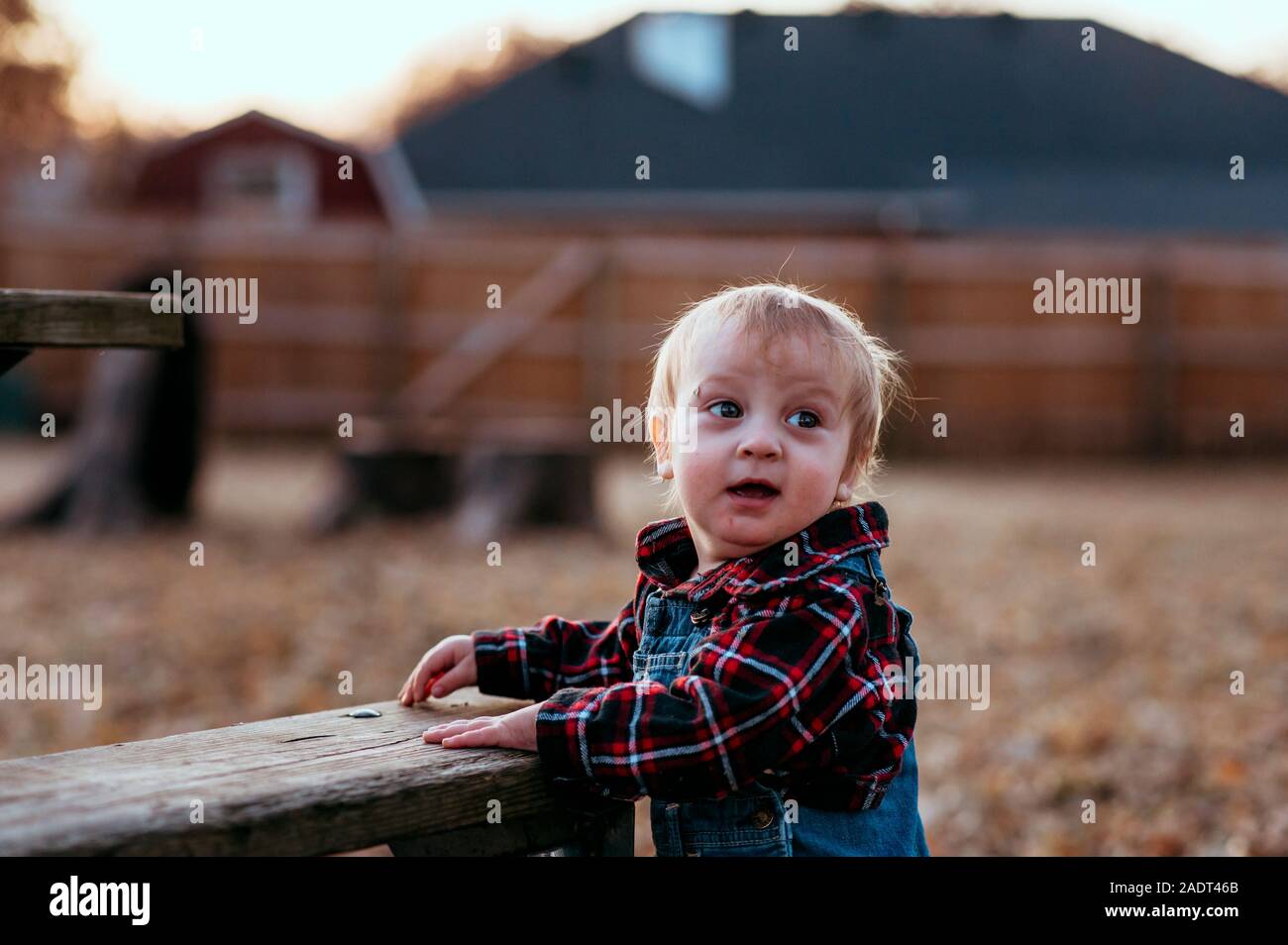 Baby boy in red flannel shirt esterno vicino al banco di legno. Foto Stock