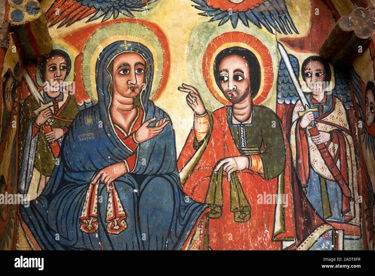 Etiopia, Amhara Region, Bahir Dar, Lago Tana Zege Penisola, C XIV Ura Kidane Mehret Chiesa, tradizionale pittura murale Foto Stock