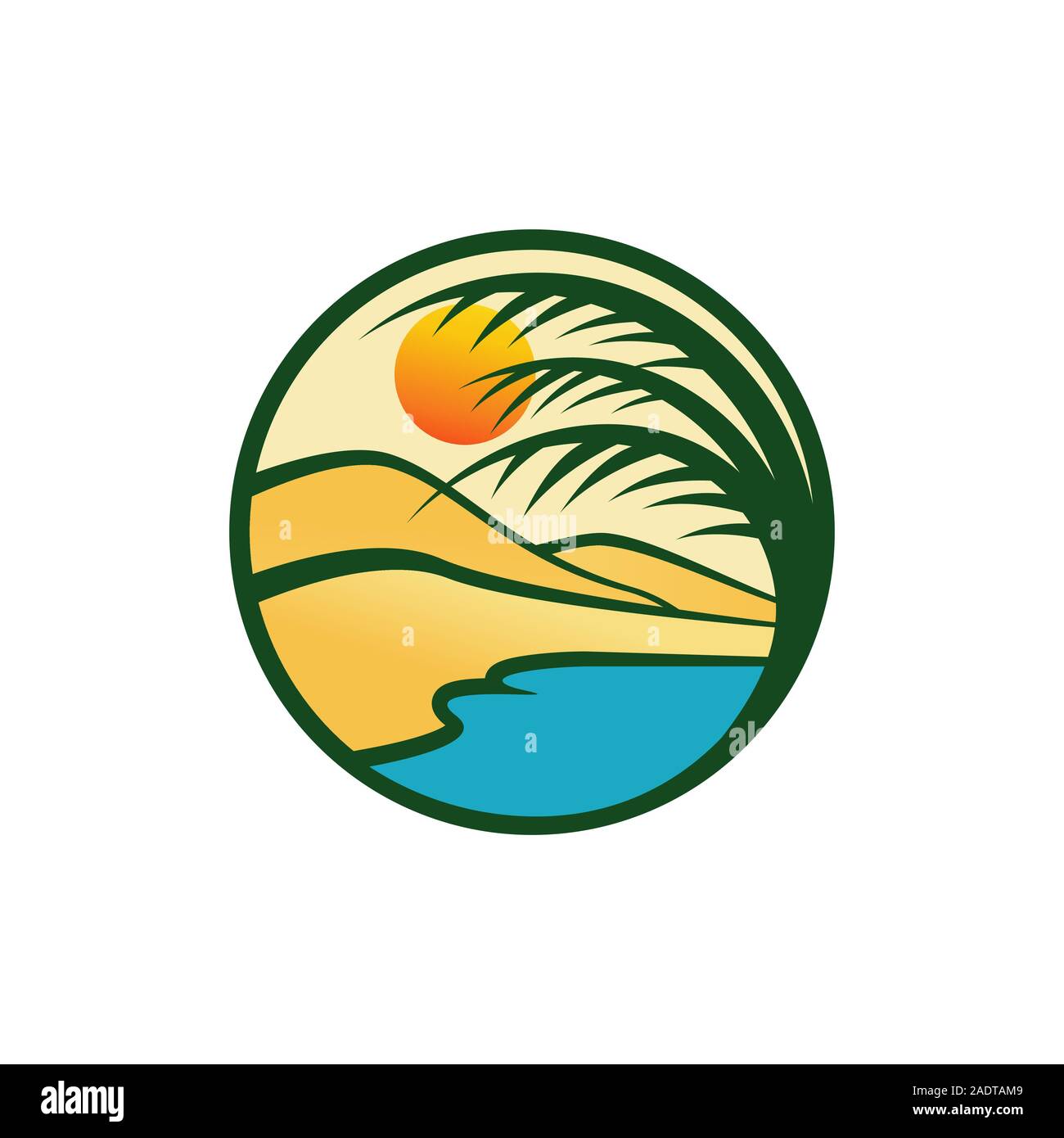 Oasis logo design illustrazione vettoriale. Acqua nel mezzo del deserto concept Illustrazione Vettoriale