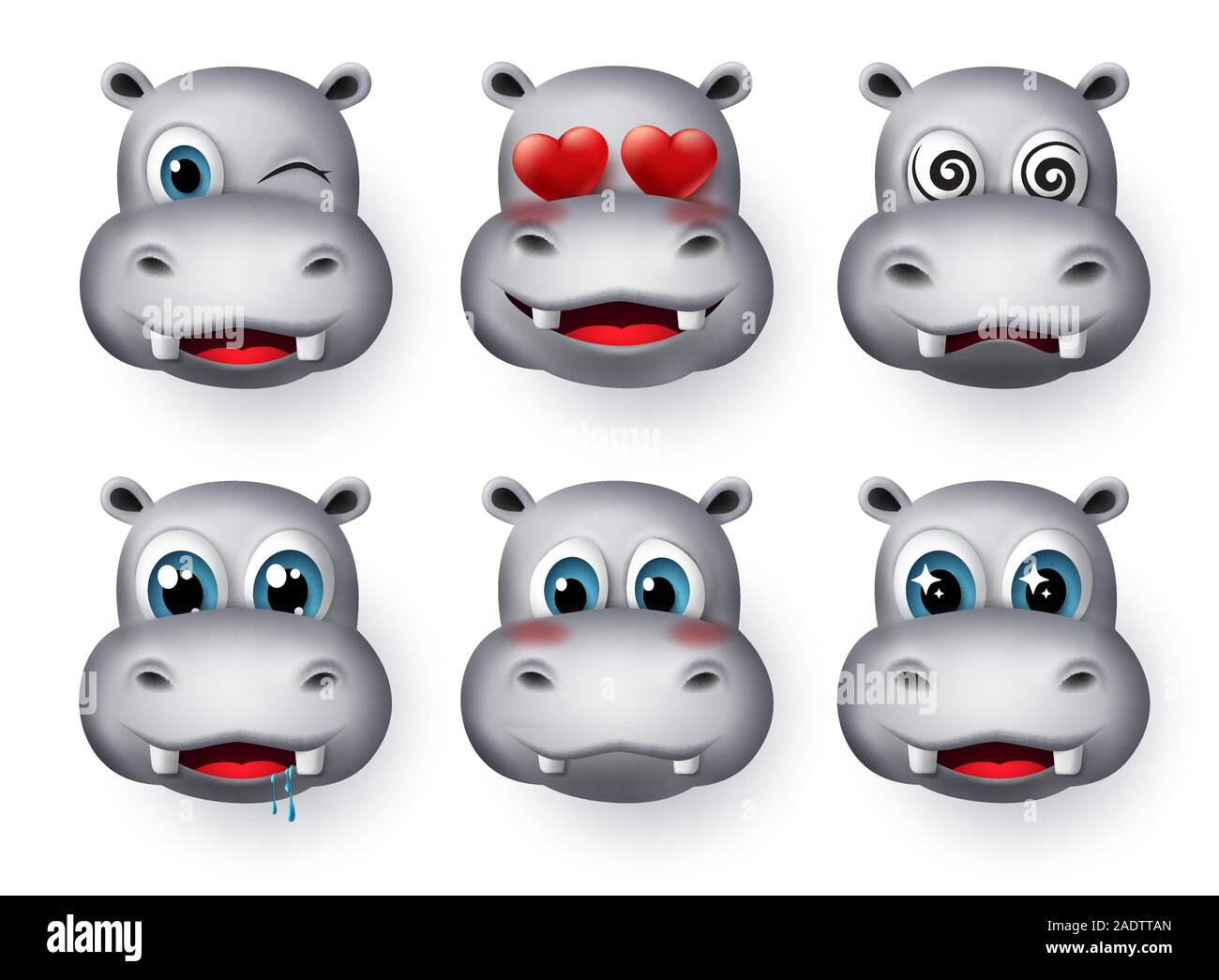 Ippopotamo emojis e vettore di emoticon set. Hippo emoticon avatar animale faccia con in amore, vertigini, affamati, eccitato, carino e arrossendo carattere. Illustrazione Vettoriale