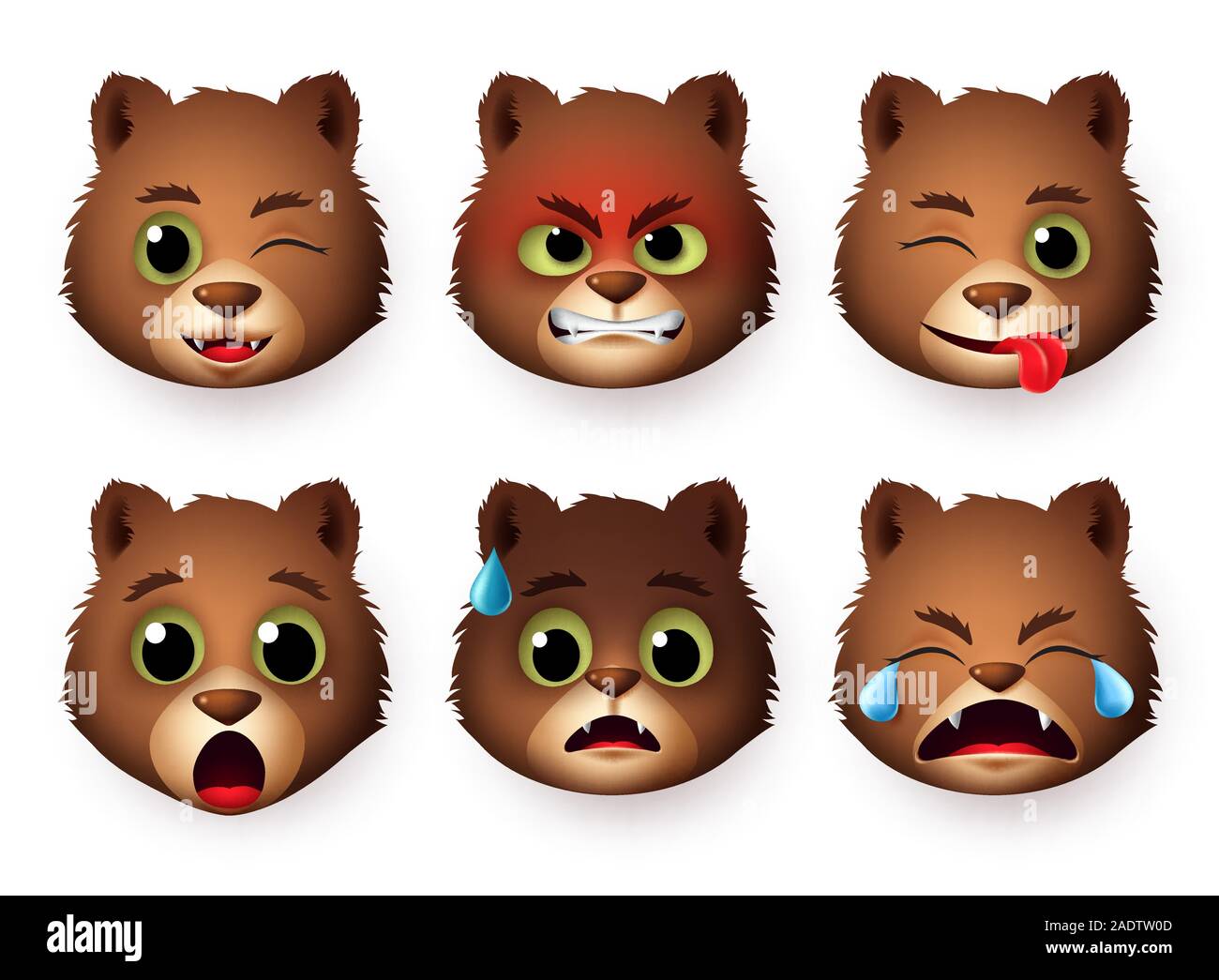 Panda faccia emoticon set di vettore. Gli Emoji di orso panda testa di animale arrabbiato, spaventata, gridando e sorpresa le espressioni facciali isolato. Illustrazione Vettoriale