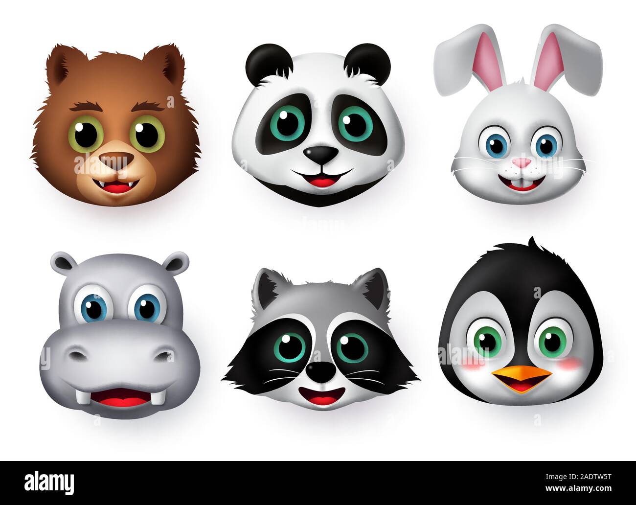 Panda faccia emoticon set di vettore. Gli Emoji di orso panda testa di animale arrabbiato, spaventata, gridando e sorpresa le espressioni facciali isolato. Illustrazione Vettoriale
