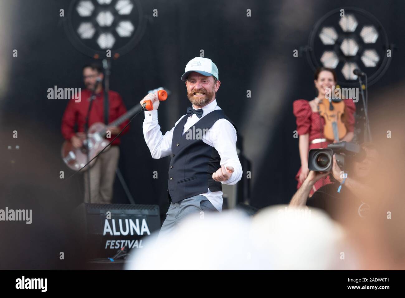 Dyonisos frequentando l'Ardeche Aluna Festival il 28 giugno 2019, in Ruoms (sud-est della Francia) Foto Stock