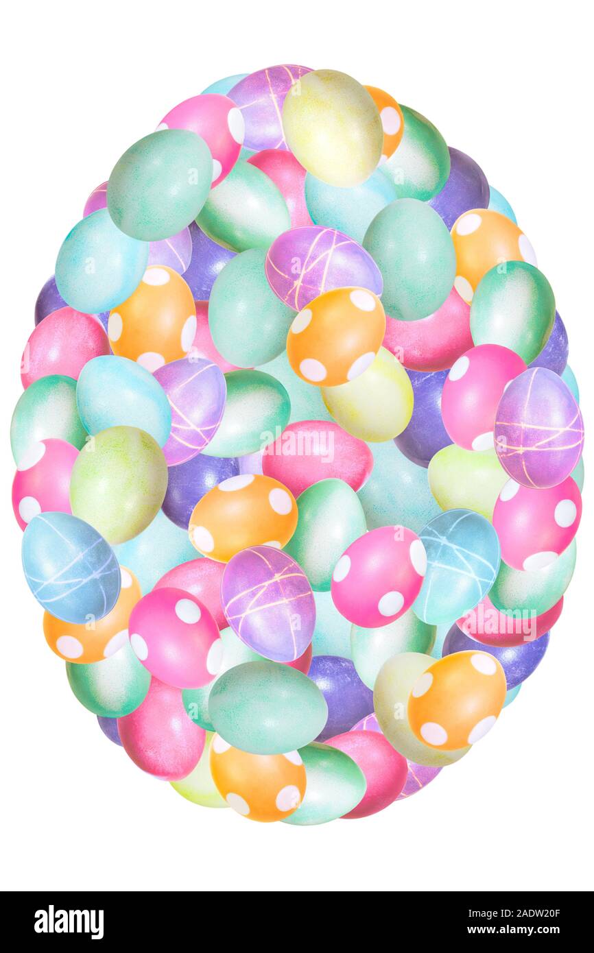 Un sacco di tinte pastello uova di pasqua, collage a forma di uovo isolato su bianco Foto Stock