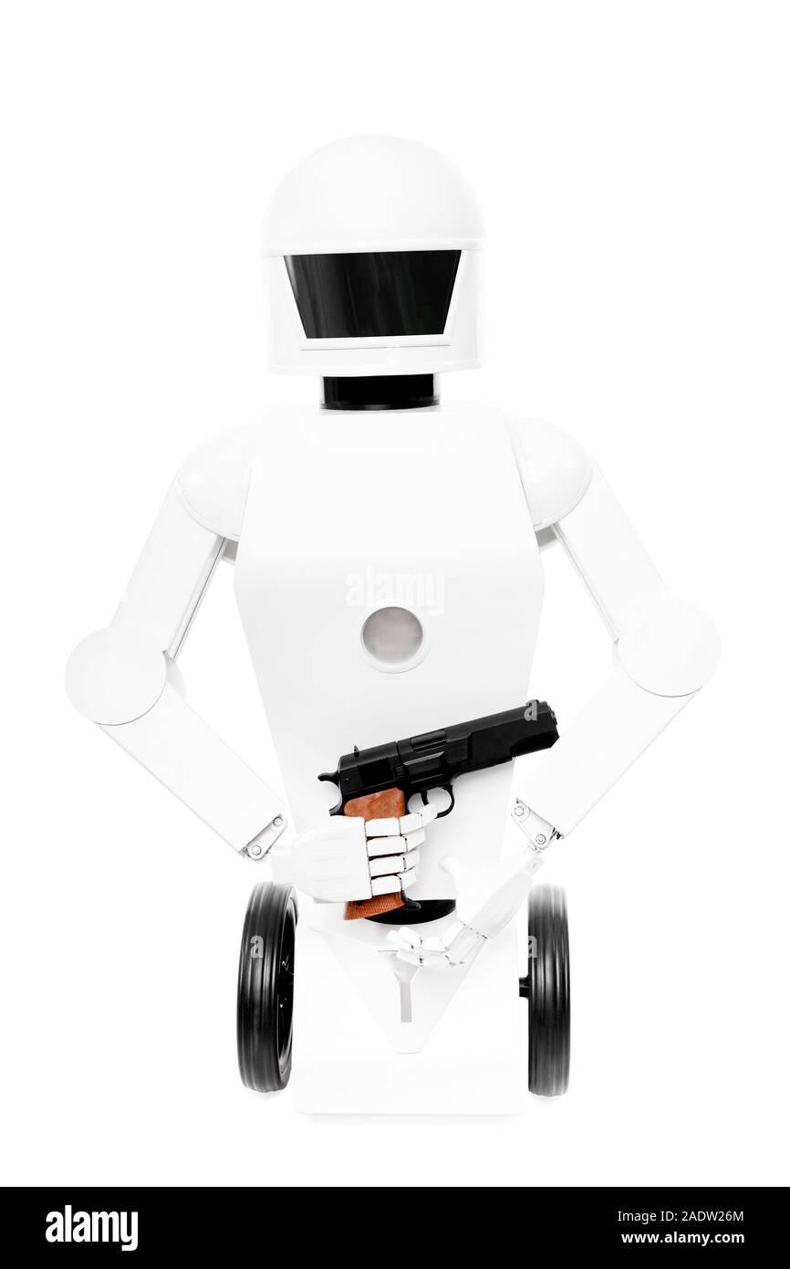 La guerra o militari di robot con una pistola in mano, isolato di fronte a uno sfondo bianco Foto Stock