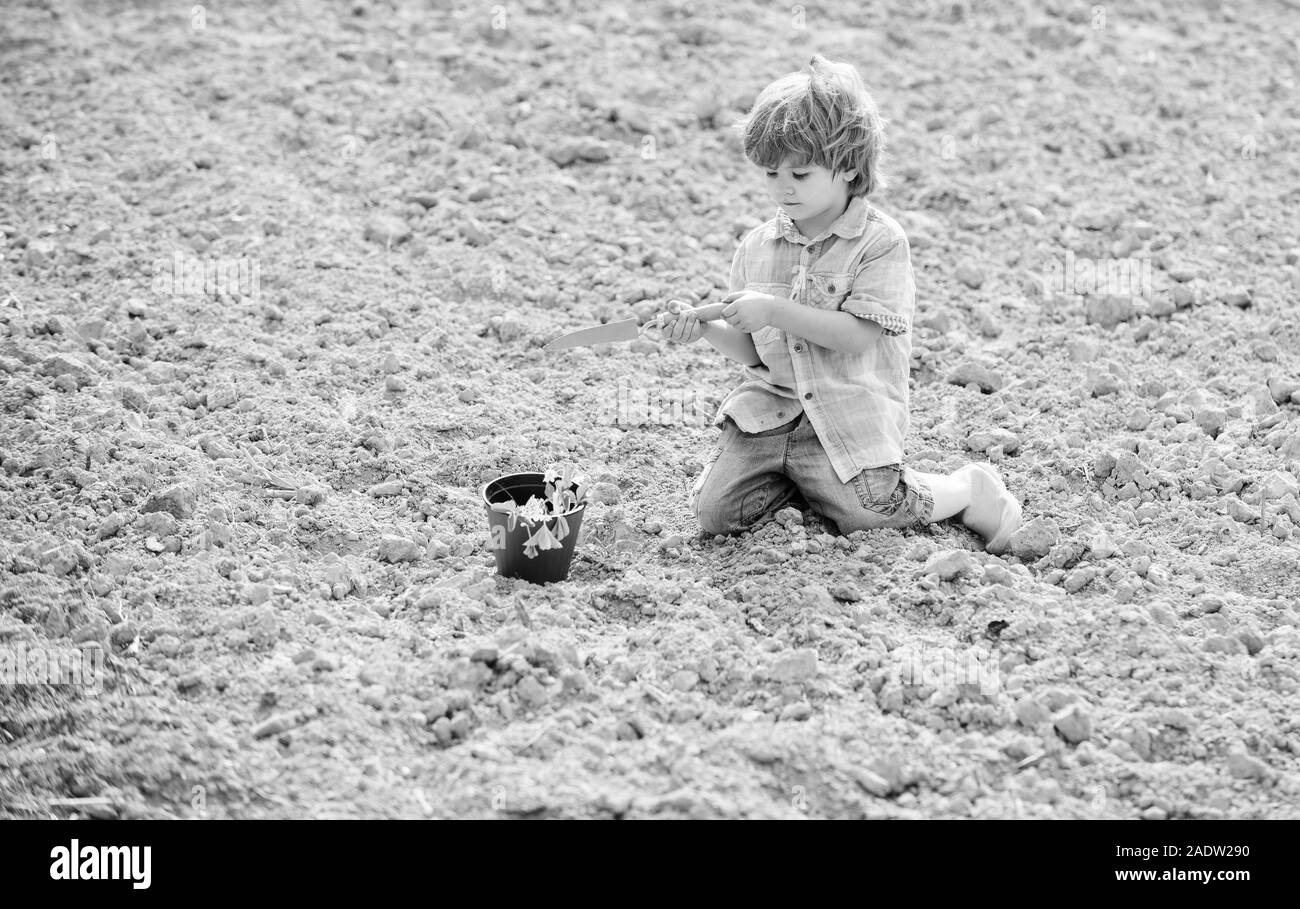 La giornata della terra. Eco della vita. estate farm. ecologia vita. eco farm. natura e uomo. happy child la semina su un terreno fertile. Stagione primaverile. piccolo bambino di piantare un fiore. fattoria organica plantation. in una serra. Foto Stock