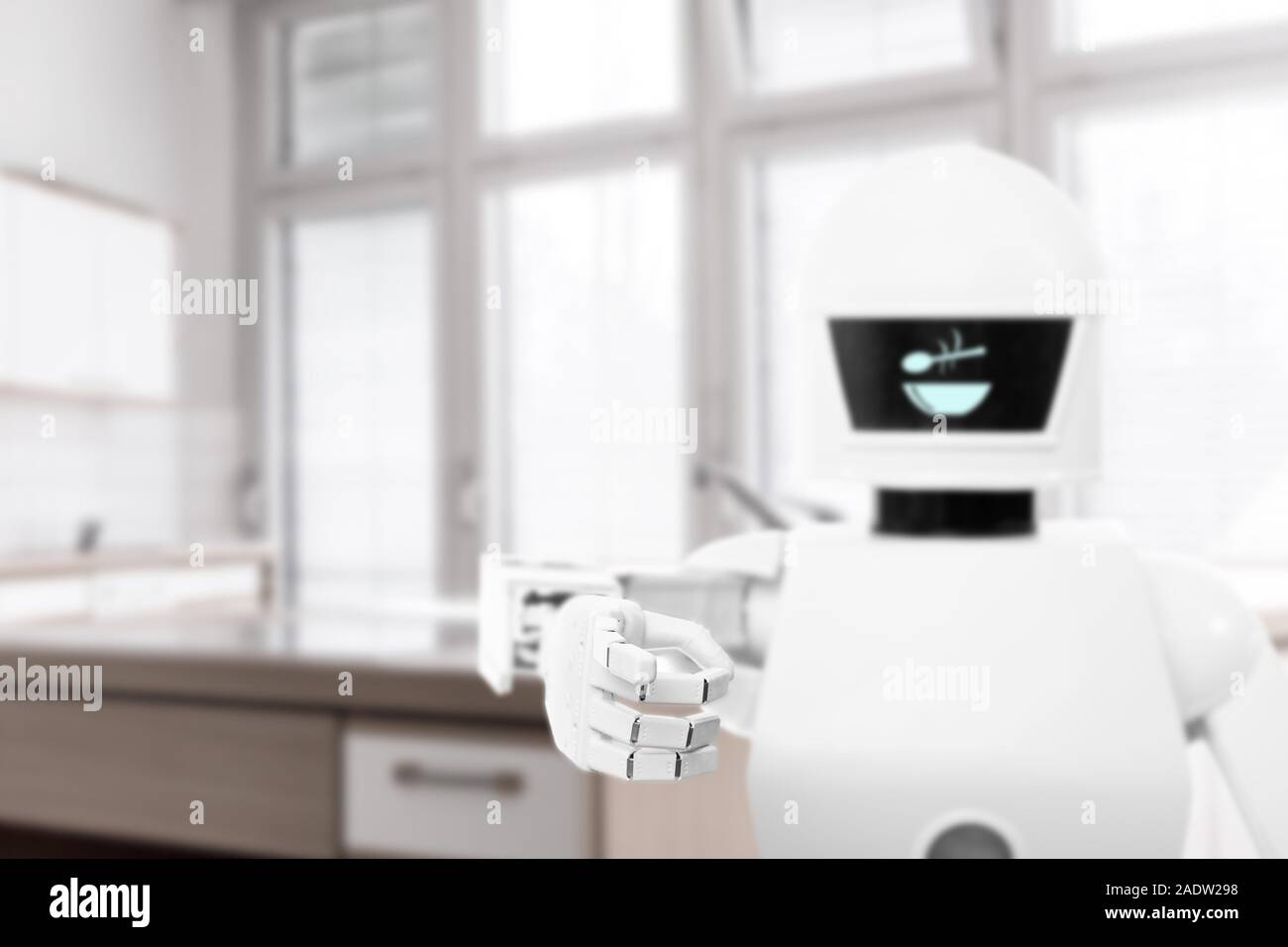 Servizio autonomo robot come il maggiordomo o cuoco in cucina, sta facendo i compiti a casa come cucinare Foto Stock