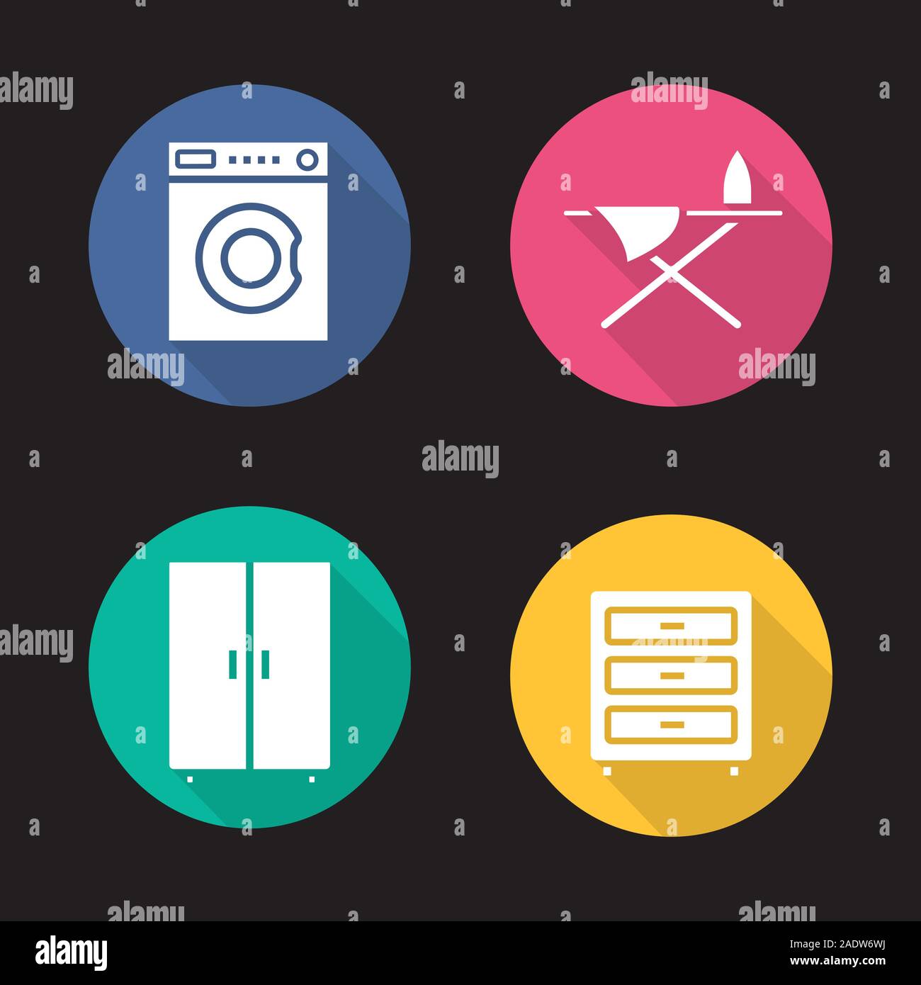 Mobili di design piatto lungo ombra set di icone. Macchina di lavaggio, comò, armadio e asse da stiro. Vettore illustrazione silhouette Illustrazione Vettoriale