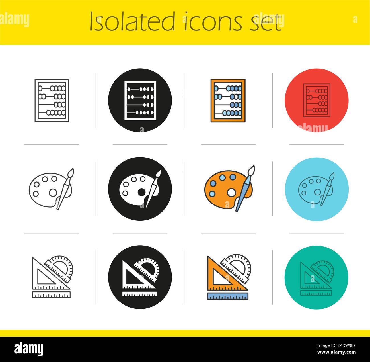 Istruzione set di icone. Lineare, in nero e a colori di stili. Matematica, arte, simboli di geometria. Scuola righelli, Abacus, una tavolozza con pennello. Vettore isolato il Illustrazione Vettoriale